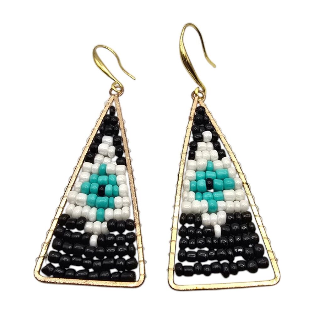Earrings Evil Eye Pattern Intricate Beaded Work Black White Blue Geometric S2202